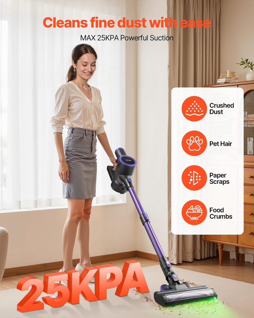 Cordless Vacuum Cleaner, 25KPA Max Powerful Suction, Rechargeable Anti-Tangle Stick Vacuum with Dust Cup, Lightweight Handheld Vac with 35mins Runtime