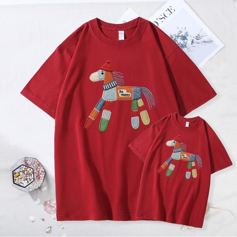 2026 Year of the Horse Red T-Shirt - Unisex Cotton Short Sleeve for Family Photos & New Year Greetings