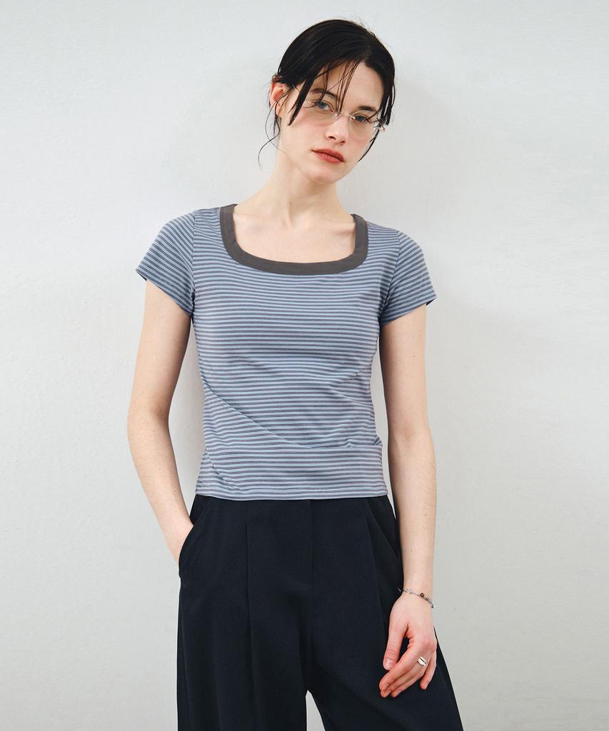 MONGDOL Square Neck Striped Short Sleeve T-Shirt Blue Mdts098Blue