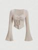 Long Sleeve Crop Top Phumee Sweetheart Neck Flared Sleeves  Rib-knit  A1933