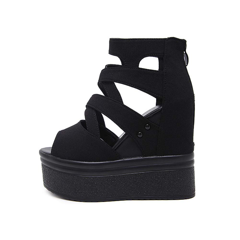 Jimei House Women's Platform Sandals, Open Toe, Black, Lightweight, Easy to Walk in, Zippered Wedges, 14cm High Heel, 5.5cm Waterproof, Summer