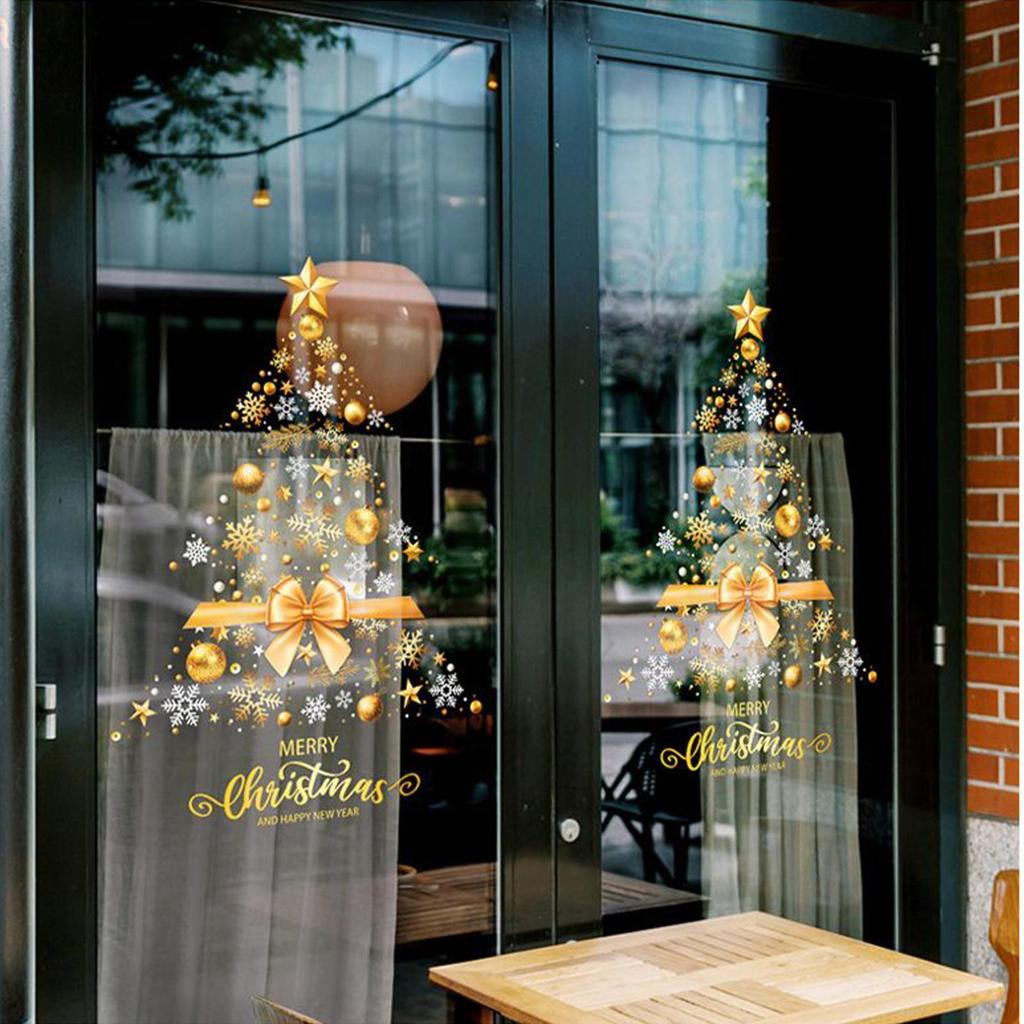 Christmas Window Stickers Large Static DIY Film Removable Golden Christmas Tree Window Decal for Wall Door Mirror Home Workplace