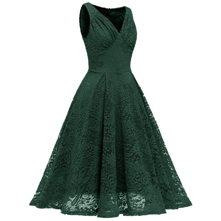 Elegant Vintage Lace Dress for Women V Neck Ruched Bust Cinched Waist Milkmaid Prom Skater Midi Cocktail Evening Party Formal Special Occasion Outfits