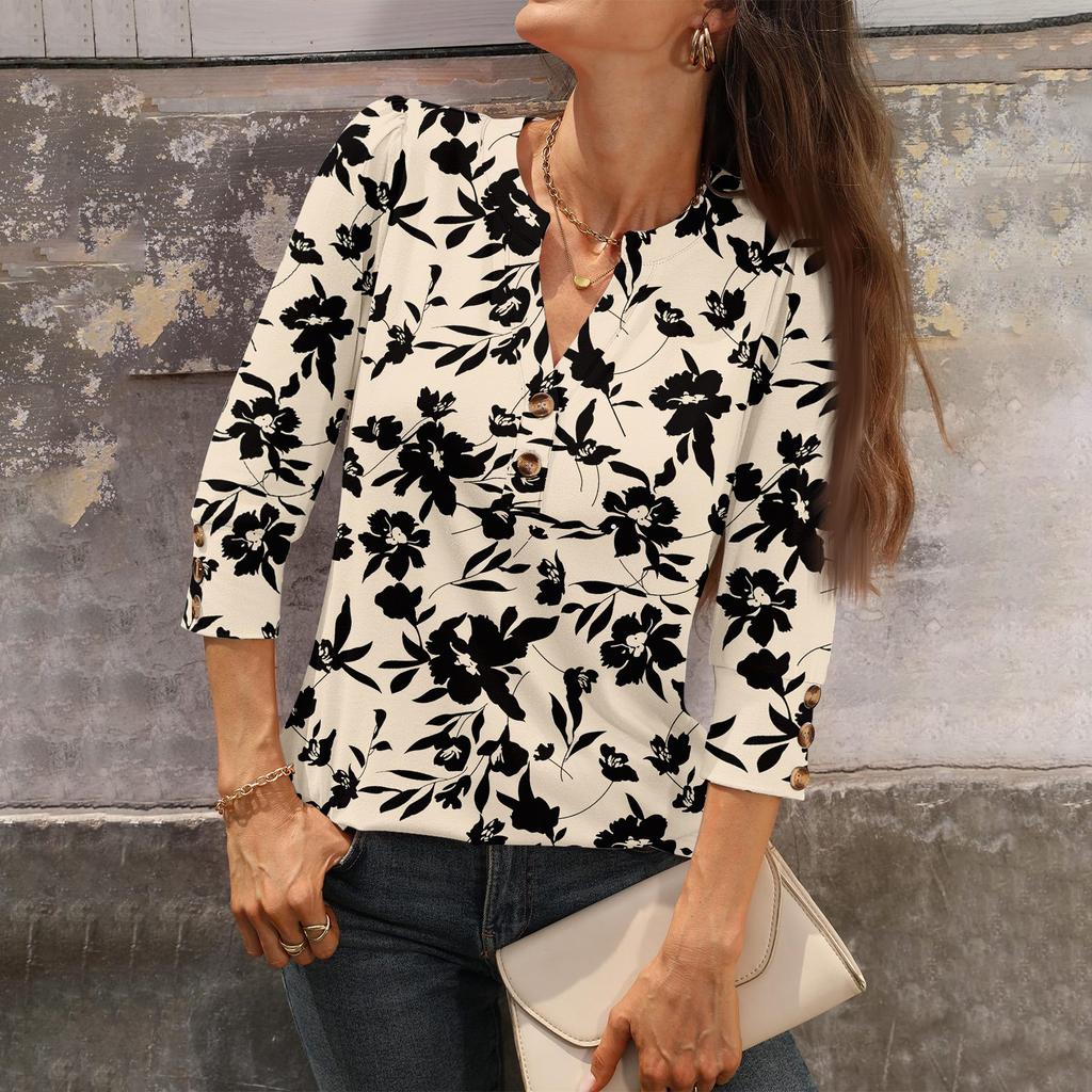 women's retro printed loose 7,inch sleeve top