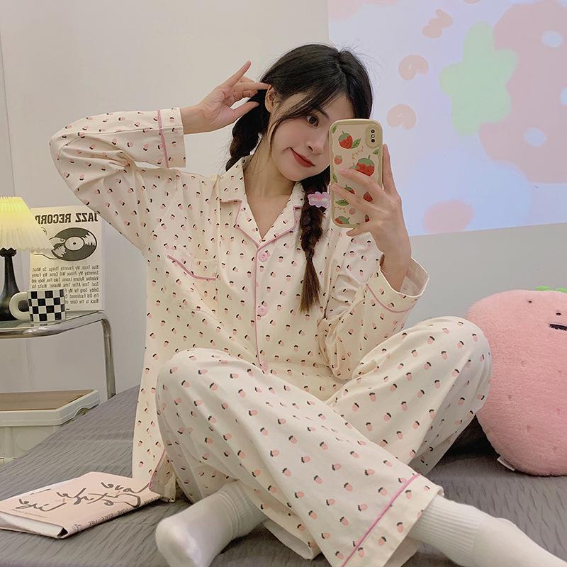 Strawberry Print Long-Sleeve Pajama Set