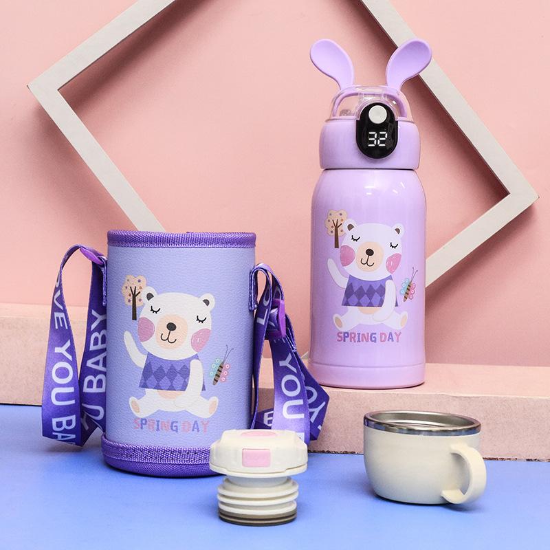 

New Cartoon Children s Rabbit Ears Warm Display Cup Set Intelligent Temperature Measuring Straw Portable Children s Thermos Cup 500ml