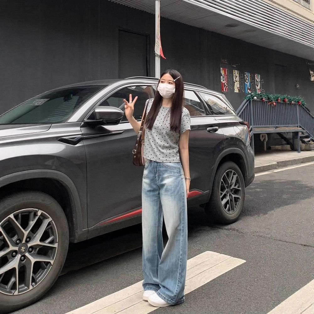 Comfortable Light Blue High Waist Straight Jeans Women Design Sense Embroidery Loose Skinny Drape Wide Leg Trousers Jeans for Women Long Denim Pants
