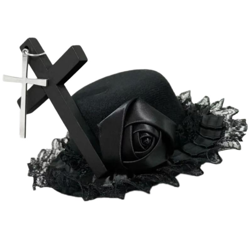 

Dark Series Punk Crossed Small Hat Hairpiece with Lace Trim Rose Flower Fascinator Hair Clip For Cosplay And Festival 1