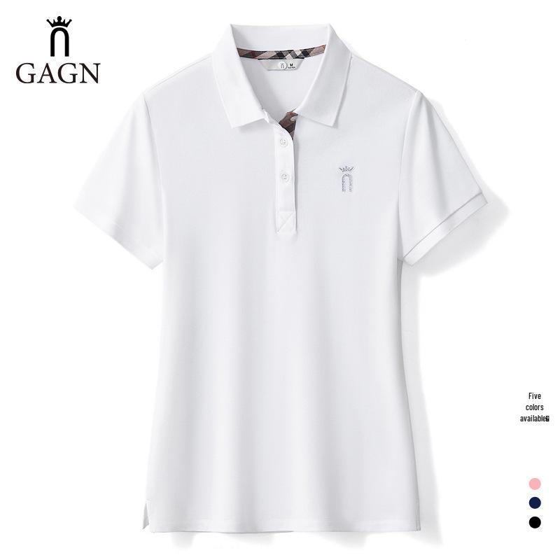 

Women s Rhinestone Polo Collar Cotton Top - Short-Sleeved College Style M