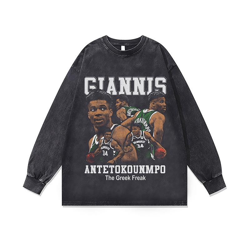 Hip Hop Rap Portrait Print Vintage Washed Long Sleeve T-Shirt Fall And Winter Loose Cotton Crew Neck Base Shirt For Men