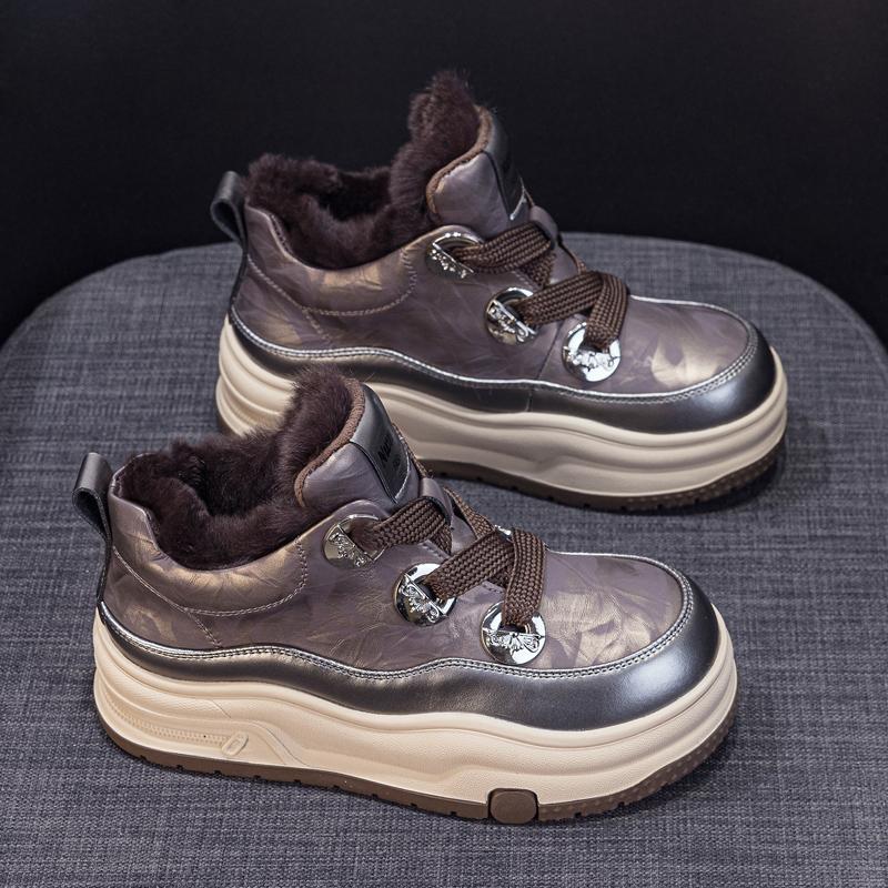 Leather Platform Snow Boots Women's New Versatile Winter High-top Shoes Cotton Shoes Piled Thickened Warm Little White Shoes