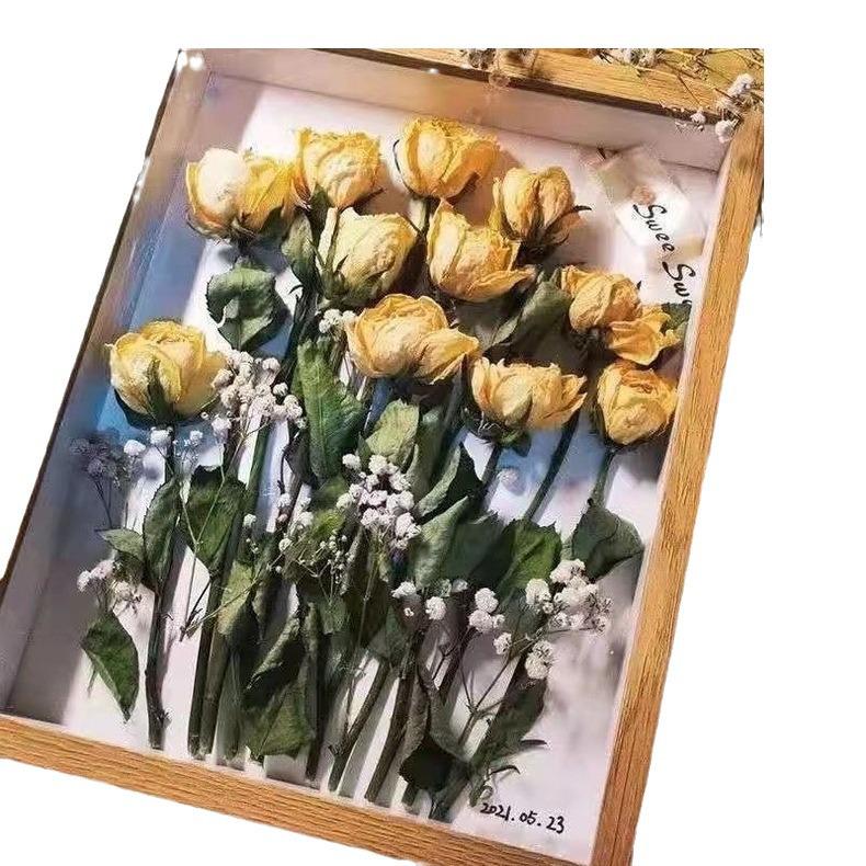 Chinese 3D Wooden Photo Frame with Handmade Preserved Flowers and Storage Box