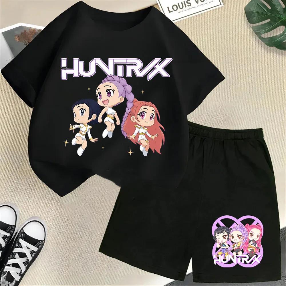 2025 New Children's Korean Wave Demon Hunter Print Fashion Casual Movie Cartoon Boys and Girls Short-sleeved Set
