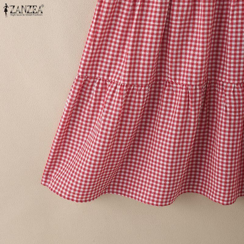 ZANZEA Women Plaid Print Summer Casual Square Collar Short Sleeve Dress