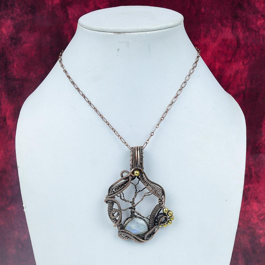 Tree Of Life Rainbow Moonstone Gemstone Pendant Copper Wire Wrapped Antique Jewelry