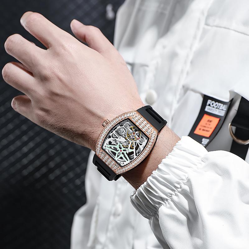 Luxury Automatic Men Watches Trend Diamond Tonneau Case Mechanical Clock Luminous Waterproof Silicone Strap Mens Reloj Hombre
