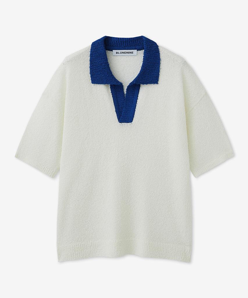 BLOND9 Tail Yarn Coloration Short Sleeve Knit_Ivory Deep Blue
