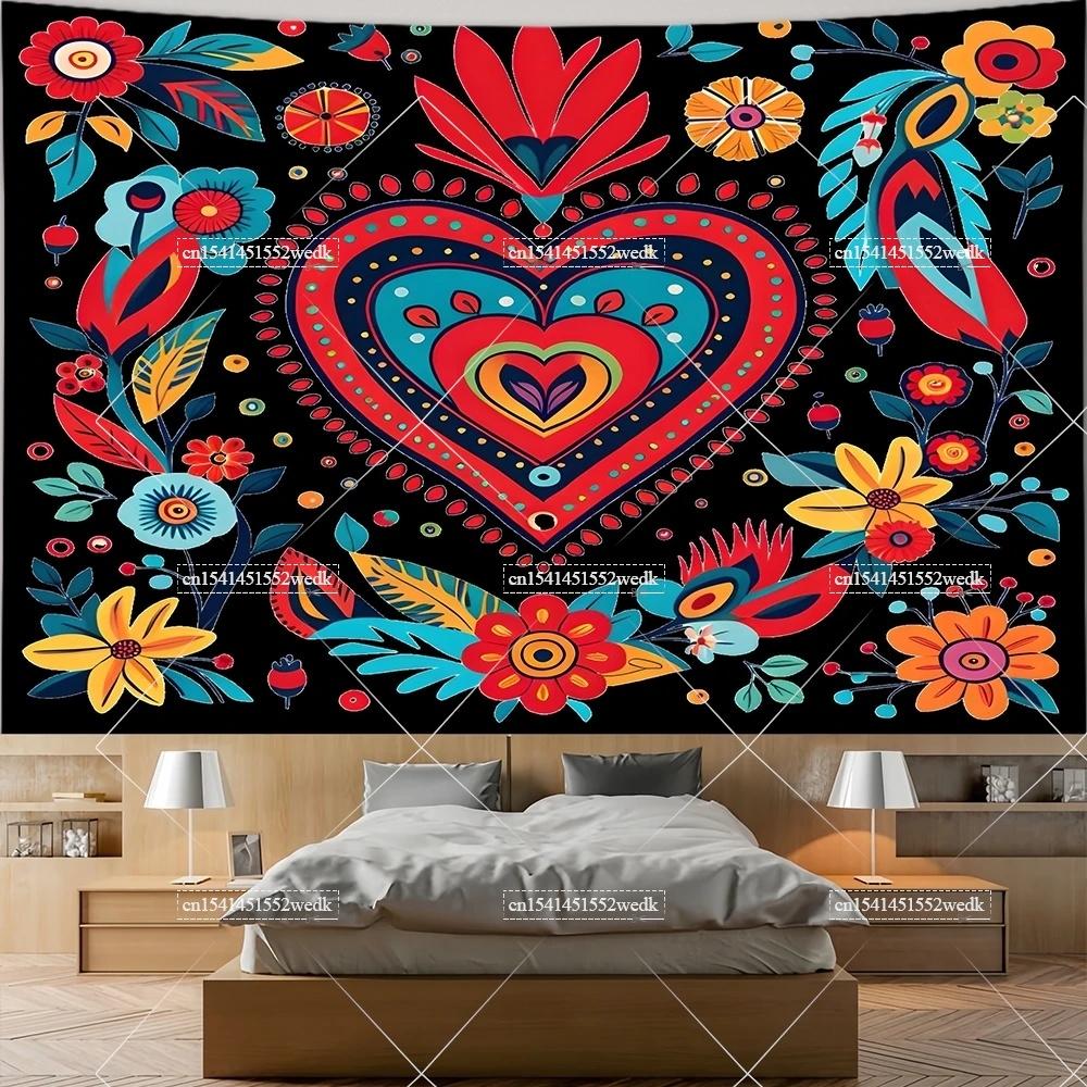 Mexiko Blumenteppich Mexikanische Pflanze Blumen Stickerei Ethnisch Otomi Vögel Wandteppiche Ästhetische Raumdeko Illustrationen Hintergrund