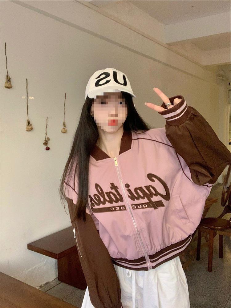 2024 Spring/Autumn Women's Casual Letter Print Patchwork Baseball Jacket with Stand Collar