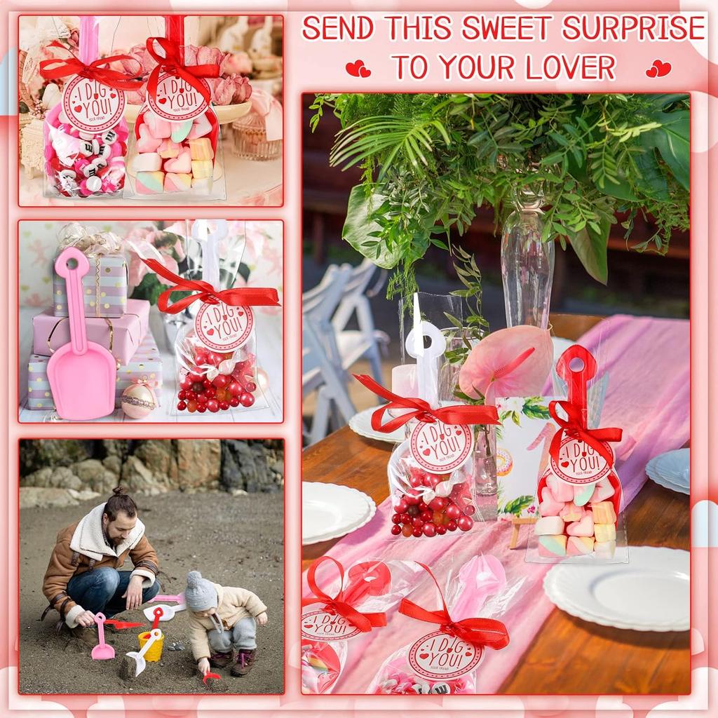 Chumia Valentine's Day Plastic Toy Shovels I Dig You Toy Shovels Set with I Dig You Stickers Valentine Tags with Ribbon Favor(133 Pieces)