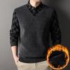 Winter Men's Velvet Sweater Fake Two-piece Warm Plaid Bottoming T-shirt Plus Velvet Thickening for Middle-aged and Elderly Dads
