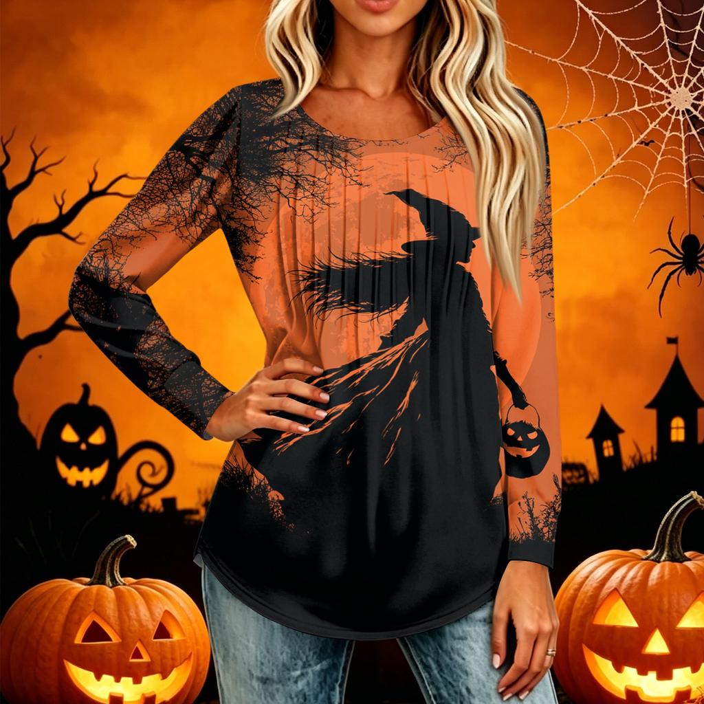 Women Casual Long Sleeve T Shirt Round Neck Pleated Halloween Print Top Lightweight Comfortable Fit Suitable for Everyday Wear