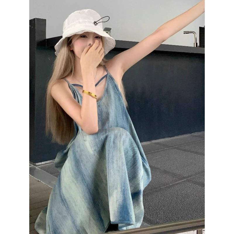 

Французское Красивое Платье на Подтяжках Тай-дай для Женщин Летом Свободный и Ленивый Стиль Отпуск на Пляже Санья Пляжная Длинная Юбка XL