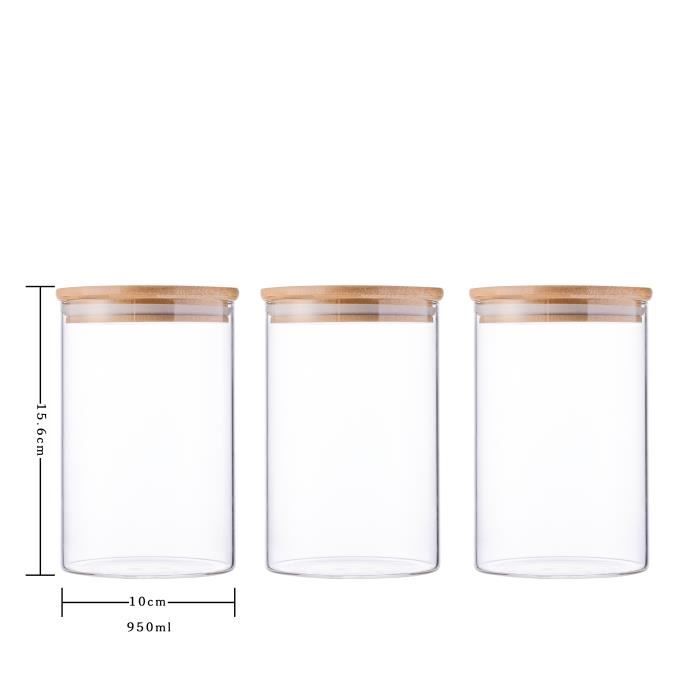 3x1000ml bocaux pots de rangement alimentaire conservation en verre borosilicate avec couvercle hermétique (10x15cm)