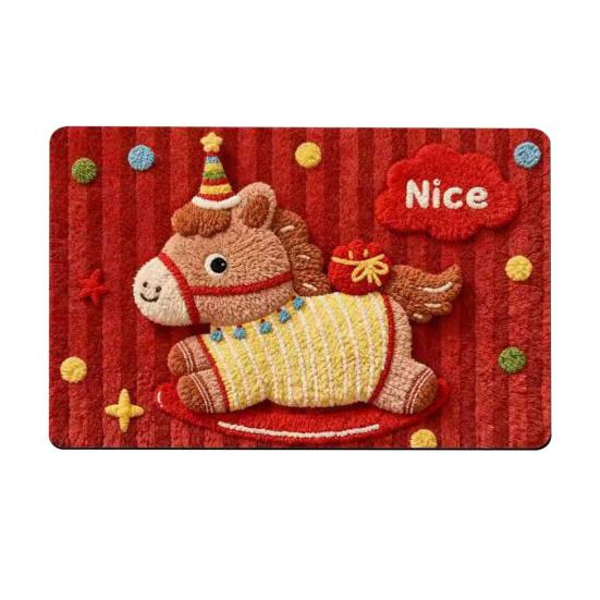 2026 Cartoon Horse Rug Year of The Horse Red Floor Mat Non-Slip Absorbent Entrance Rug Cute Horse Doormat for Bathroom Bedroom New Year Decoration