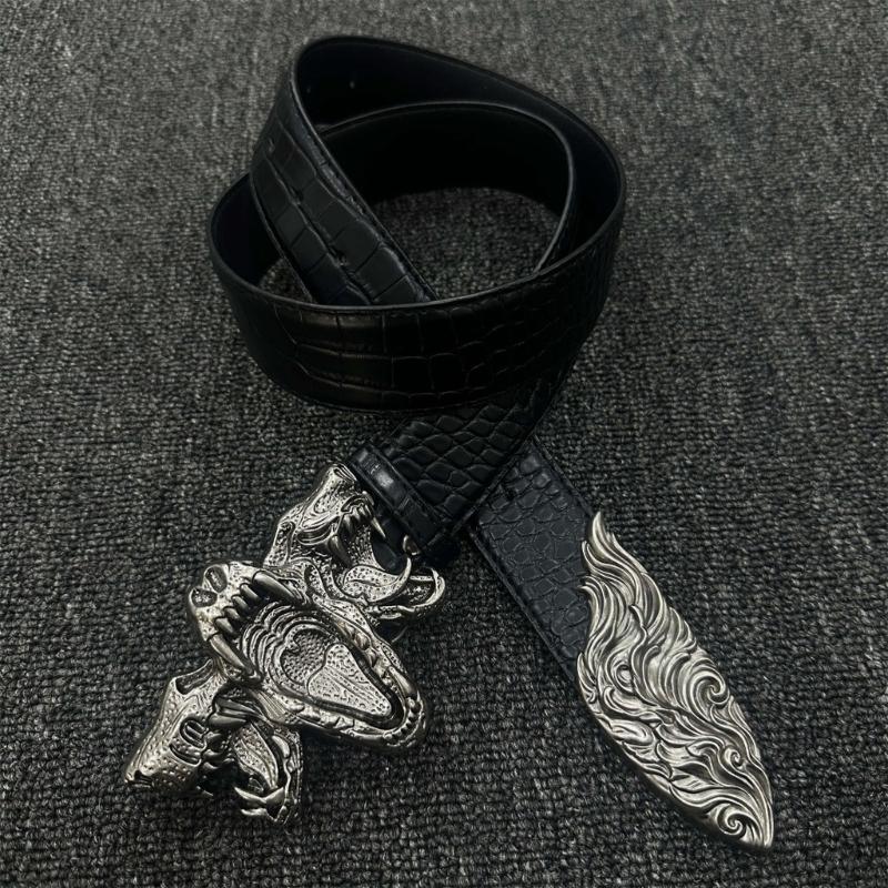 Black Embossed Waist Belt with Texture Design, Metal Buckles and PU Waist Strap for Street Wear Styling Pants Accessories