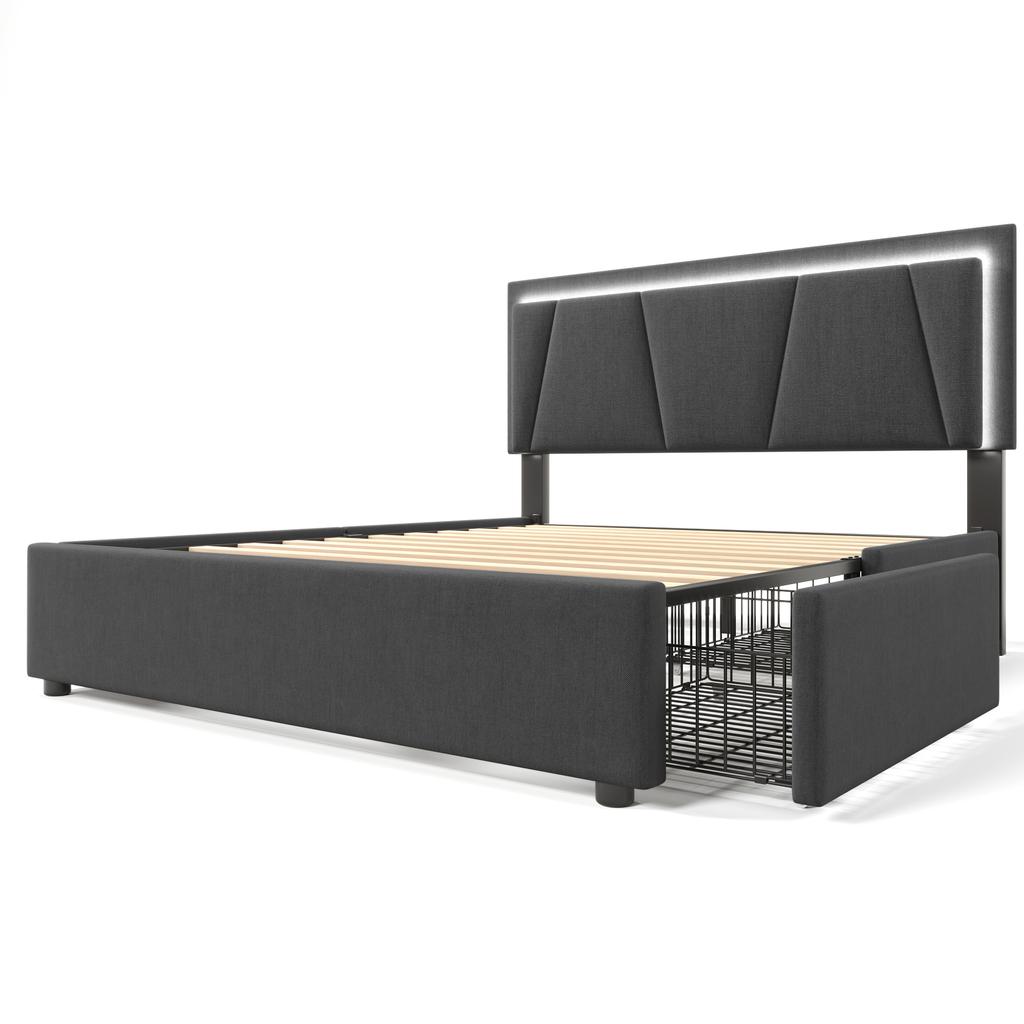 Letto imbottito con illuminazione a LED e 4 cassetti, testiera regolabile in altezza, struttura contenitore matrimoniale 140x200 cm, rete a doghe, grigio (Senza materasso)