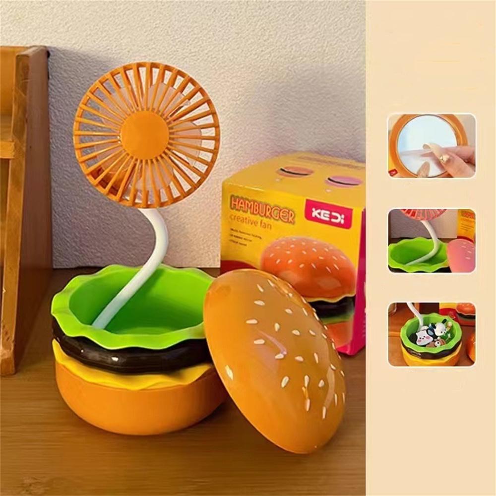 Rechargeable Hamburger Mini Fan, Creative Cute Toy Fan with Mirror, 3-Speed Mode, Small Gift for Family and Friends in Summer.