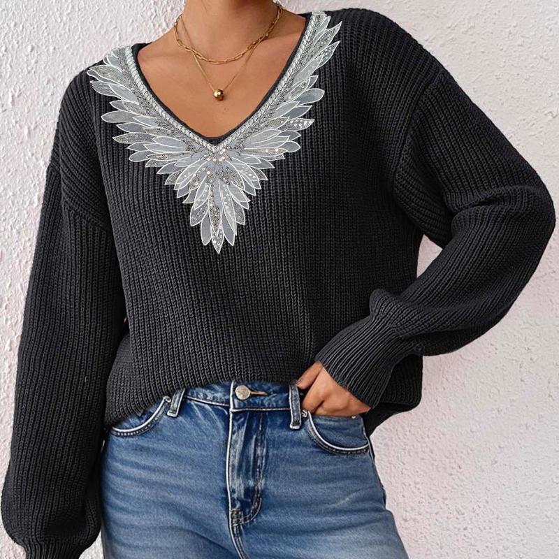 Lace Sequin Collar Flower, Spliced V-neck, Pullover Top, Women's Clothing, Loose and Lazy Style, Long Sleeved Sweater