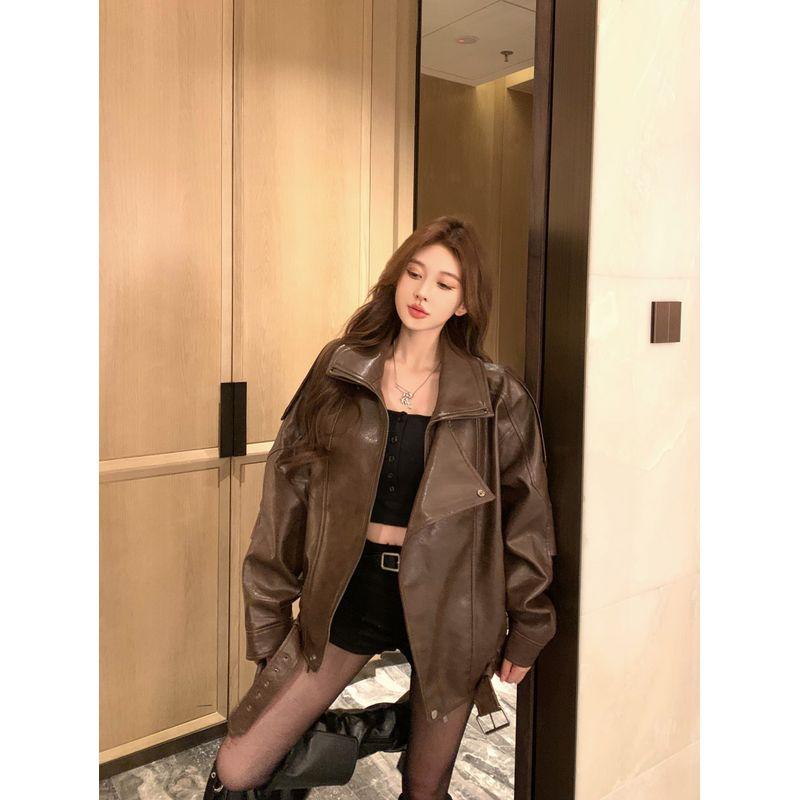

Cool Wind Brown Lapel Leather Coat Women s Autumn Black Motorcycle Clothing Elegant Loose Jacket Cardigan Top Curry L