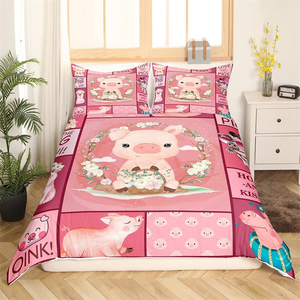 Cartoon Cute Pink Pig Duvet Cover for Children Boys Girls Microfiber Pigs Floral Cartoon Farm Animals Theme Bedroom Decorations