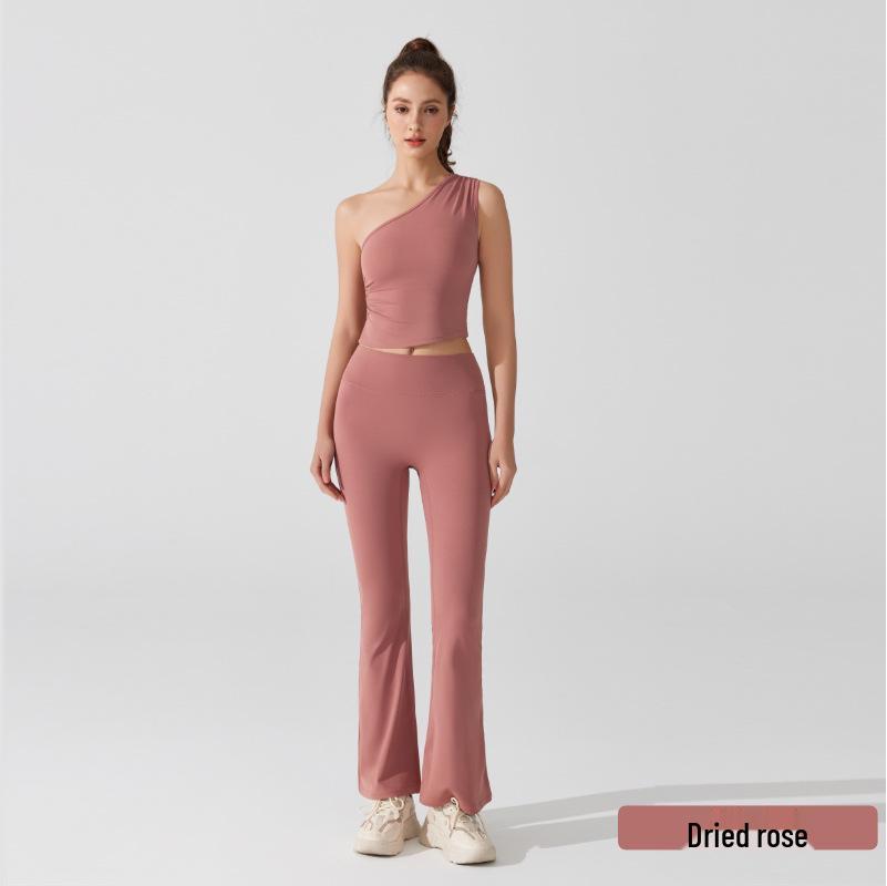 

Nude Feeling Antibacterial Women s Yoga Set: High Waist Flare Pants & Sleeveless Off-Shoulder Sports Bra Small
