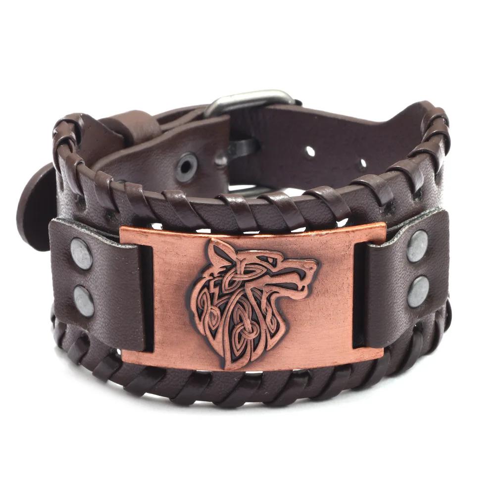 Punk Men Wide Bangle Accessory Wolf Head Charm Bracelet Leather Weave Adjustable Wristband Friendship Jewelry