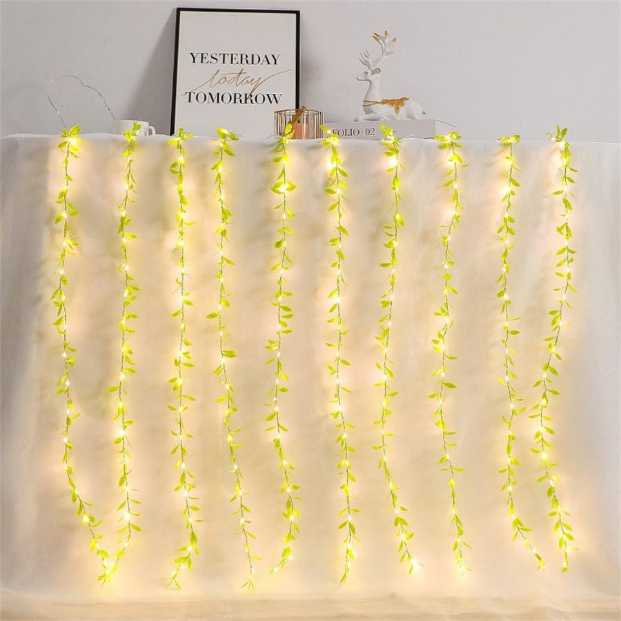 3X2M 200 LED Artificial Vines Curtain Lights Fake Willow Leaves Curtain Fairy Lights USB Powered Green Fake Plant String Light