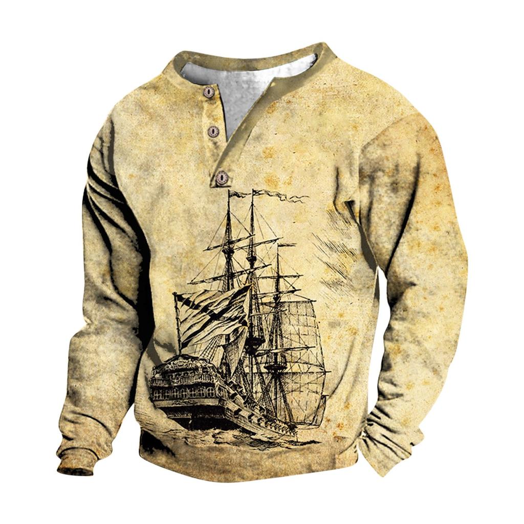 Pullover mit V-Ausschnitt für Herren, 3D-Digitaldruck, Stehkragen, 3 Knöpfe, Vintage-Kragen