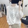Women's Off-White Cotton Blouse with Stand-Up Collar and Embroidered Lace Crochet Trim