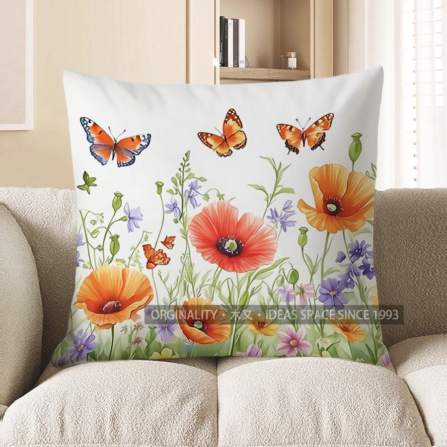 Home Decor Colorful Flowers & Butterflies Decorative Pattern Cushion Cover Suitable For Sofa Bedroom Car Pillow Cover