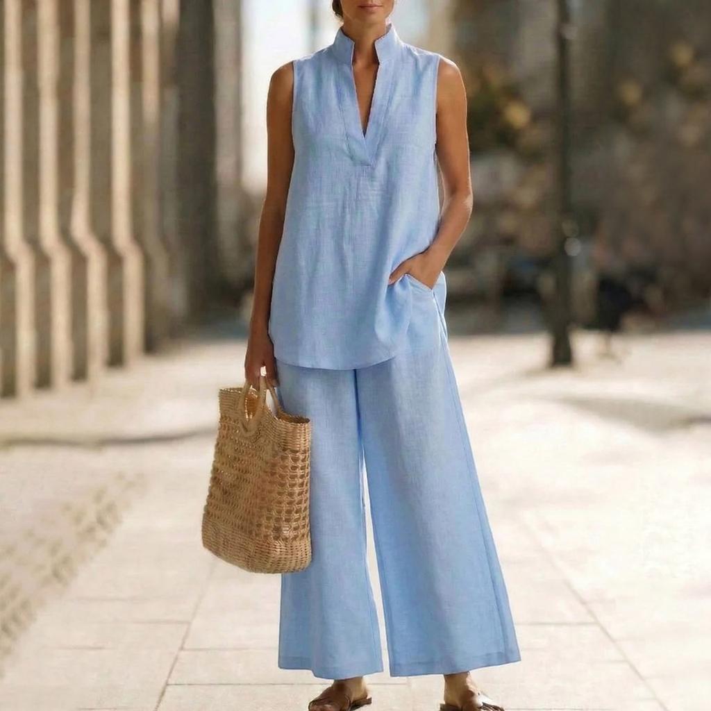 Women's Fashionable Loose V-neck Vest Sleeveless Pullover Top High-waisted Wide-leg Pants Set