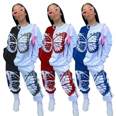Spring Women's Butterfly Print Long Sleeve Top Casual Pants Fashion Suit