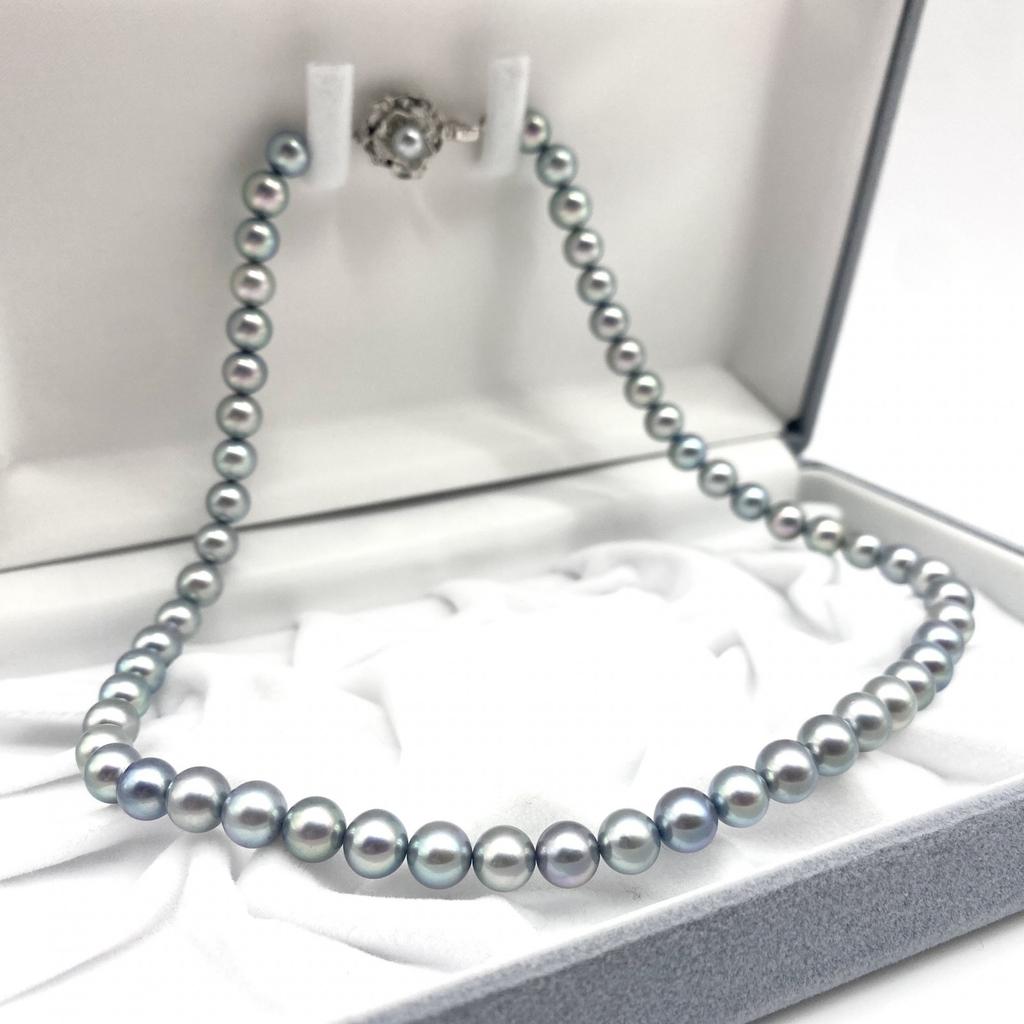 High-Luster Akoya Pearl Necklace Natural Jewelry Blue Gray Approx 43cm 7.0mm–7.5mm 31.7g Silver Hardware