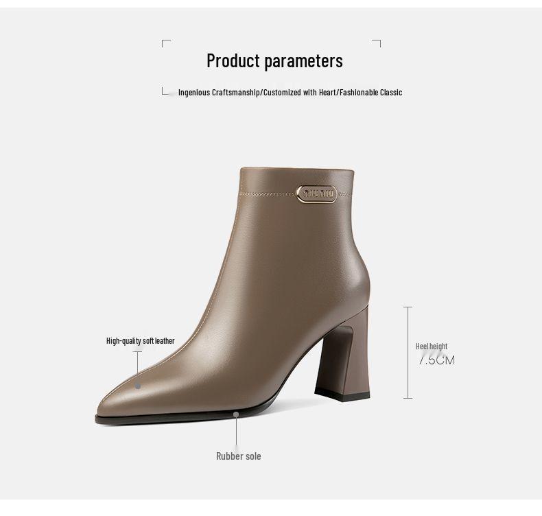 Women's High Heel Soft Leather Ankle Boots, 2025 Autumn Winter Collection, Pointed Toe, Plus Velvet.