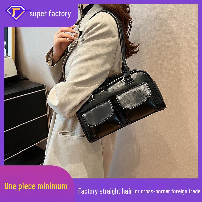 

Textured Retro Boston Crossbody Bag - New Fashion Large Capacity Women s Bowling Handbag чорний