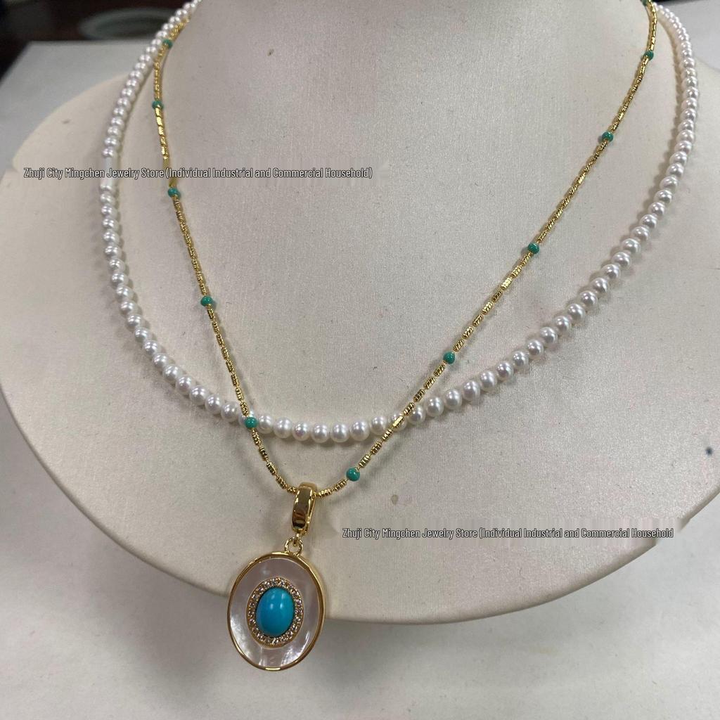 Double-Layer Turquoise & Freshwater Pearl Baby Necklace, 3-4mm, Versatile Wear