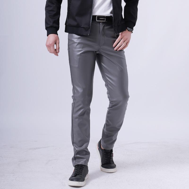 Pantaloni Lunghi Casual da Uomo Elasticizzati Slim Fit Sottili in Vera Pelle PU Monocolore
