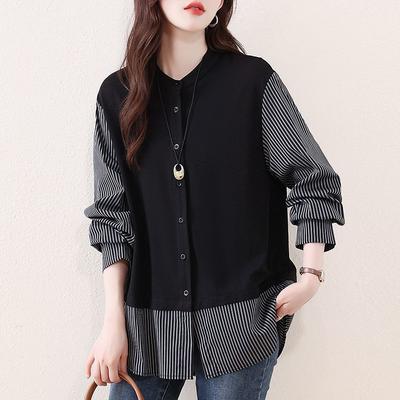 Modisches High-End gestreiftes gefälschtes zweiteiliges Hemd für Damen Herbst Neuer Stil Lockerer Cardigan-Top