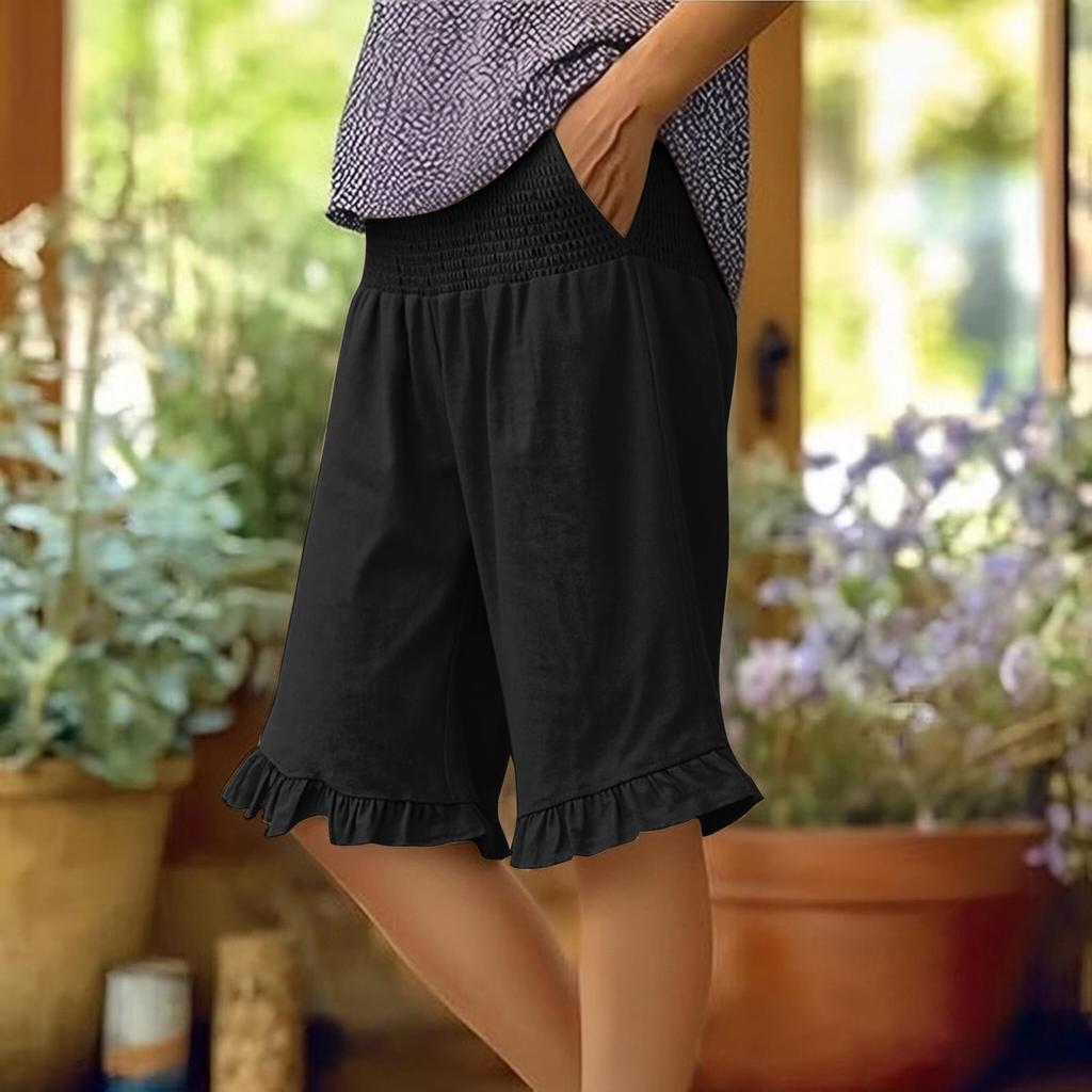 Damen Farbige Hohe Taille Plissierte Baumwolle Leinen Lockere Freizeitshorts